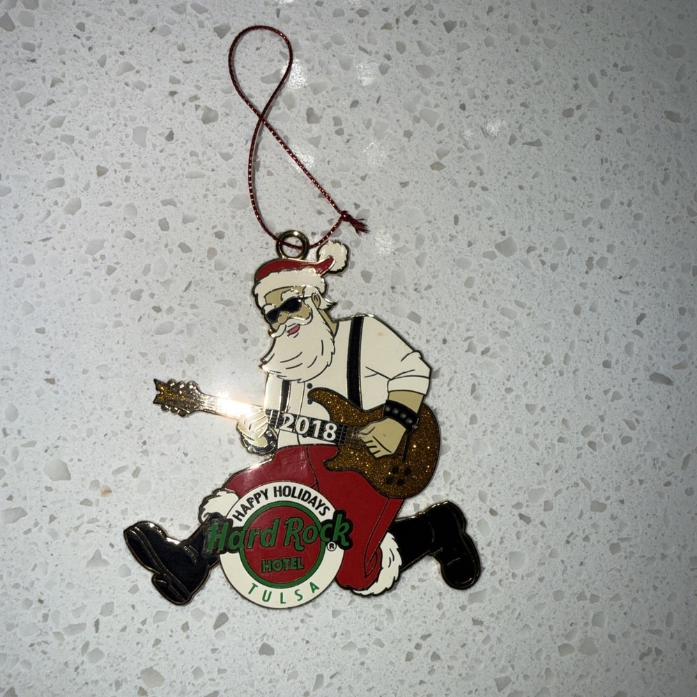 Hard Rock Hotel Tulsa 2018 Christmas Ornament Santa & Guitar Enamel Double Sided